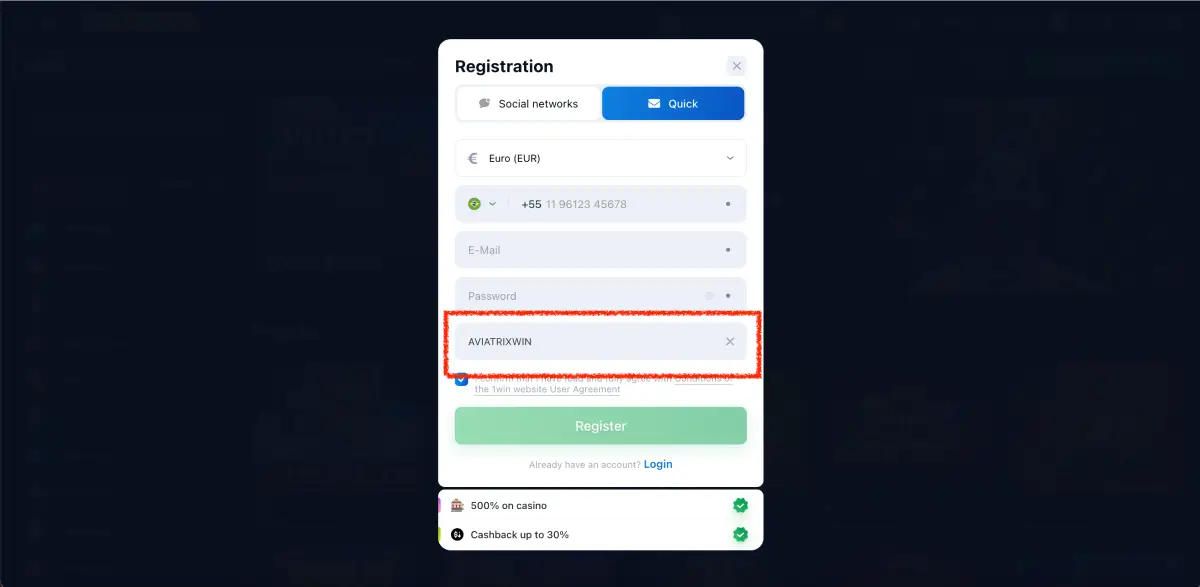 Registration process on 1win platform