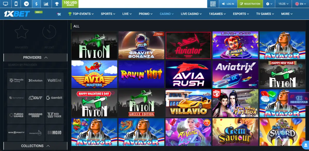 Search results for Aviatrix game in the 1xBet interface