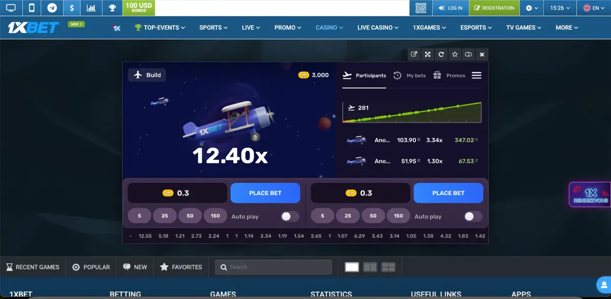 Aviatrix crash game running inside 1xBet platform