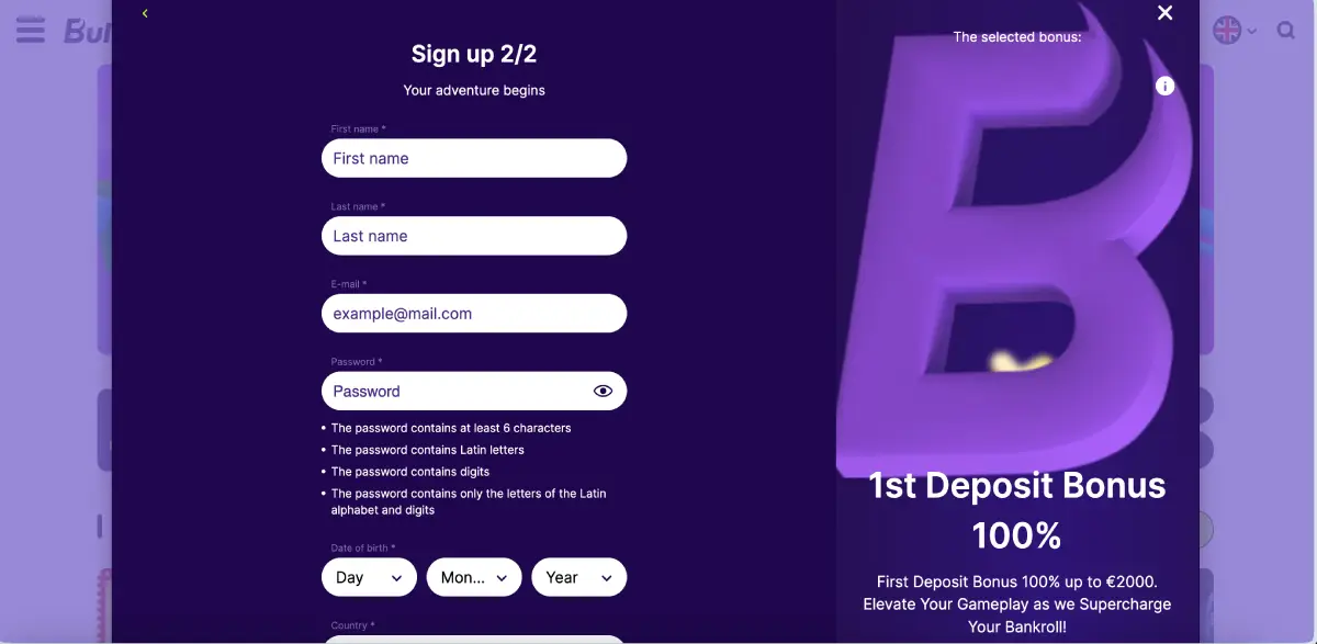 Bullsbet casinodaki kayıt formu