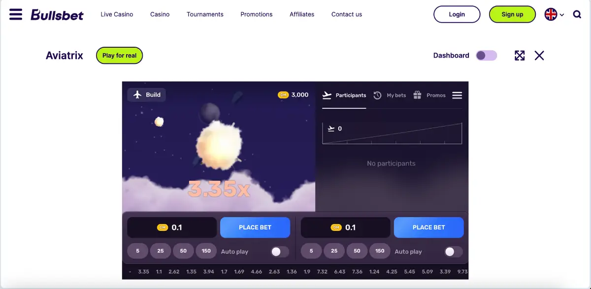 Bullsbet’te Aviatrix crash oyununun arayüzü