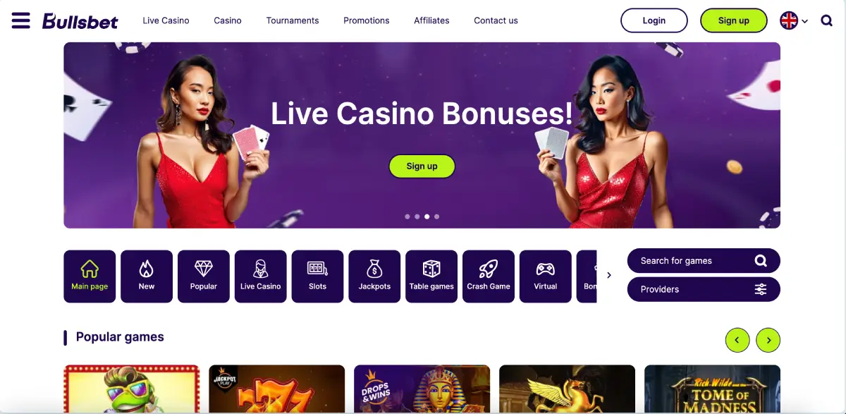 Bullsbet’in resmi sitesinin ana sayfası