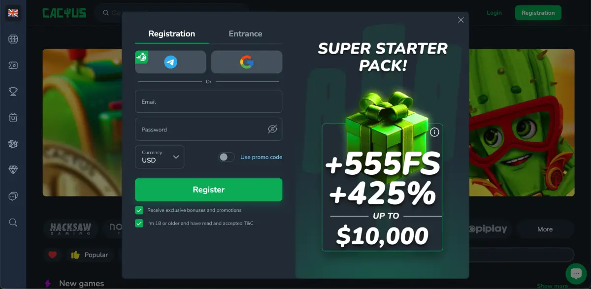 Registration form at Cactus casino offering up to $10,000 and 555 free spins