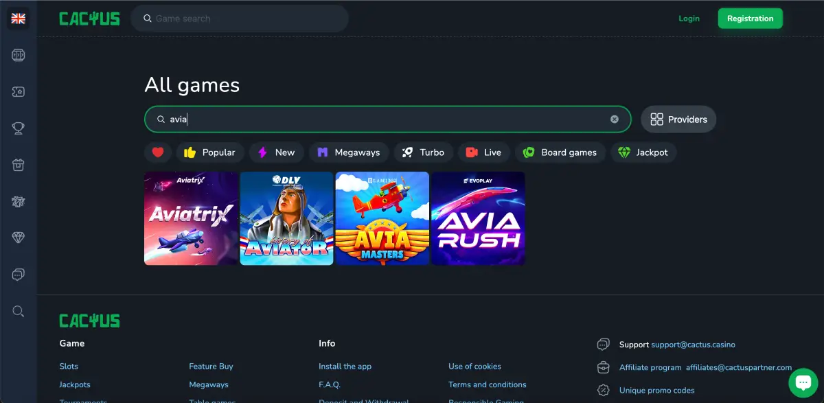 Search results at Cactus casino showing Aviatrix and similar crash games