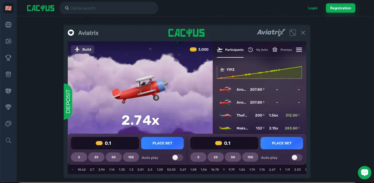 Aviatrix game interface at Cactus casino showing red plane flying at 2.74x multiplier