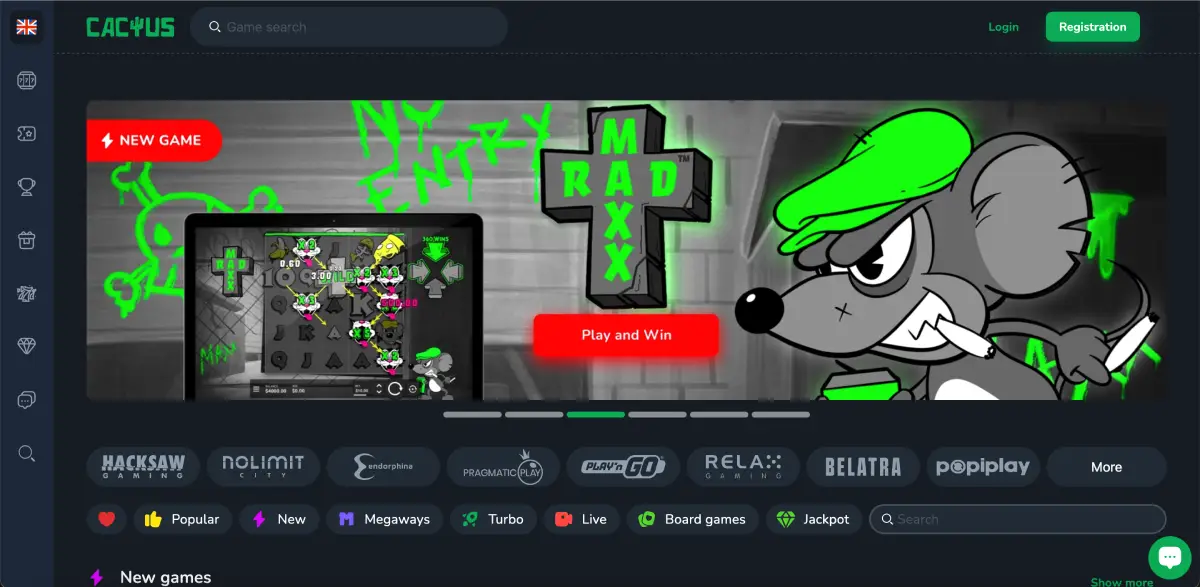 Cactus casino homepage with game banner and green registration button