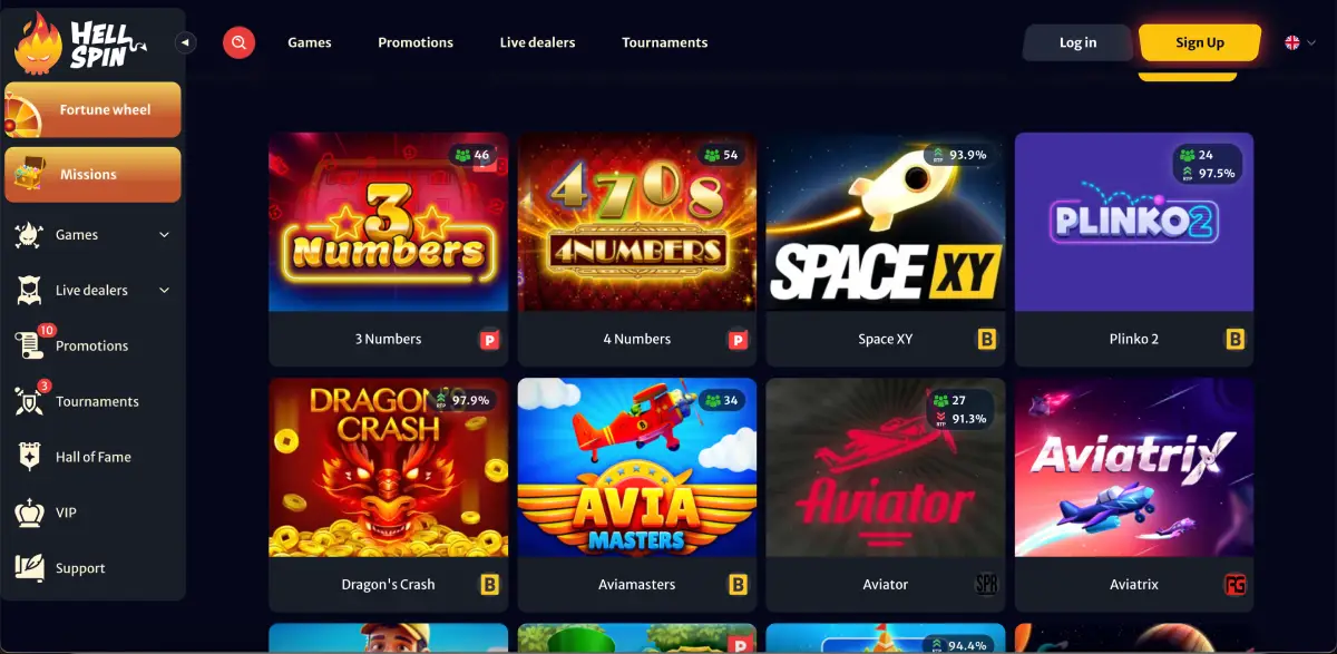 Aviatrix crash game listed in Hellspin casino lobby