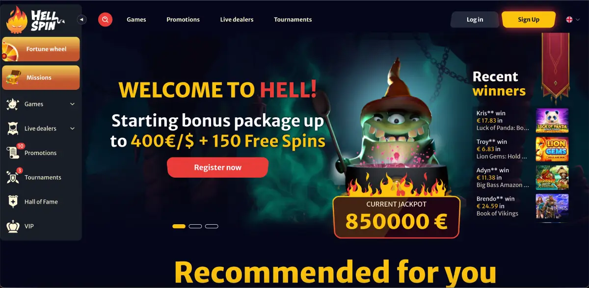 Hellspin casino homepage with Aviatrix bonus offer