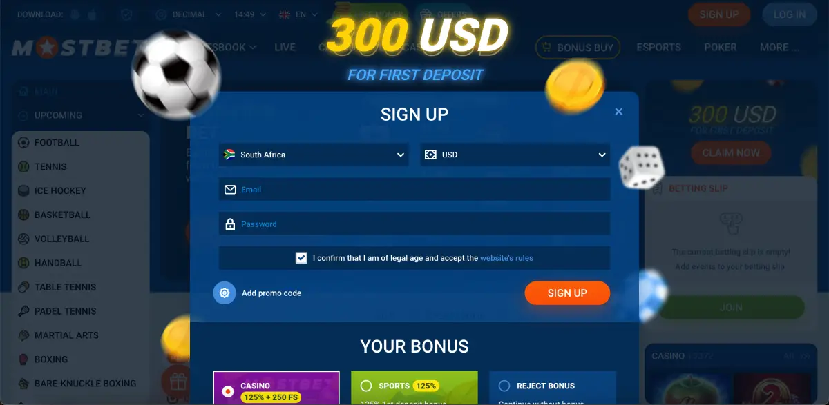Registration screen at Mostbet with email and currency options
