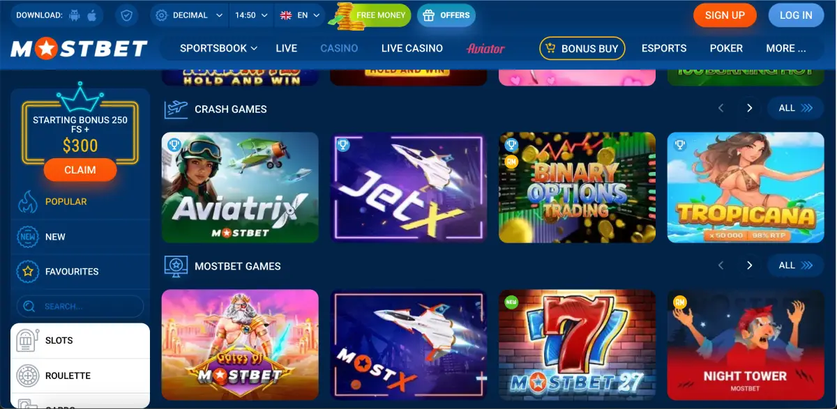 Aviatrix crash game listed in the Mostbet crash section