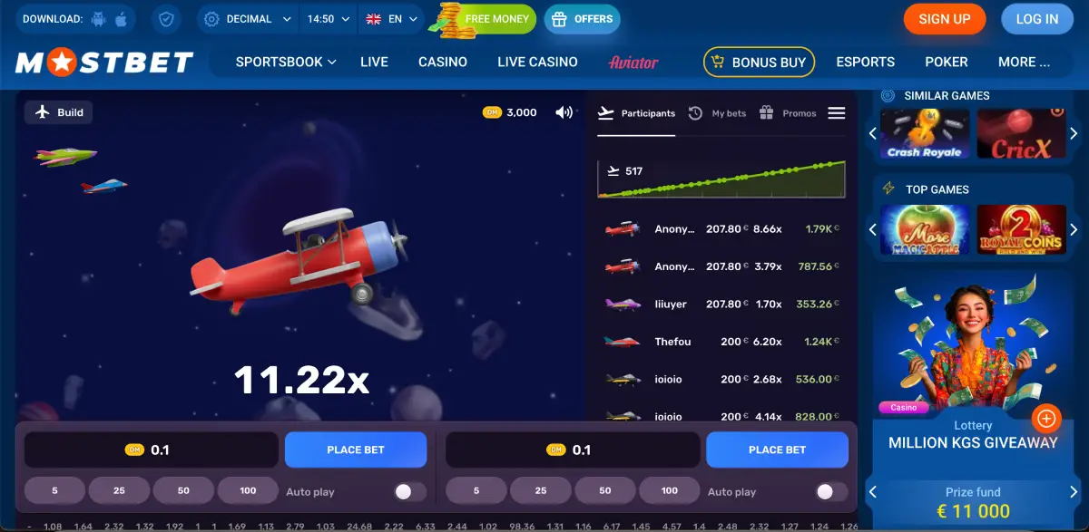 Live Aviatrix game session running inside the Mostbet platform