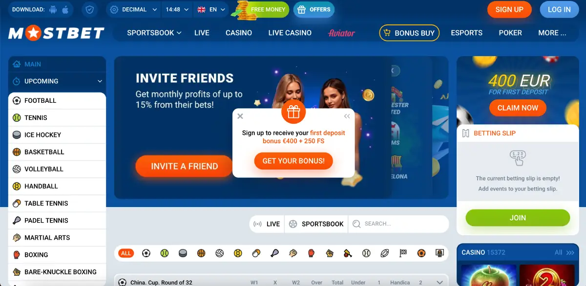 Mostbet official website homepage with welcome bonus