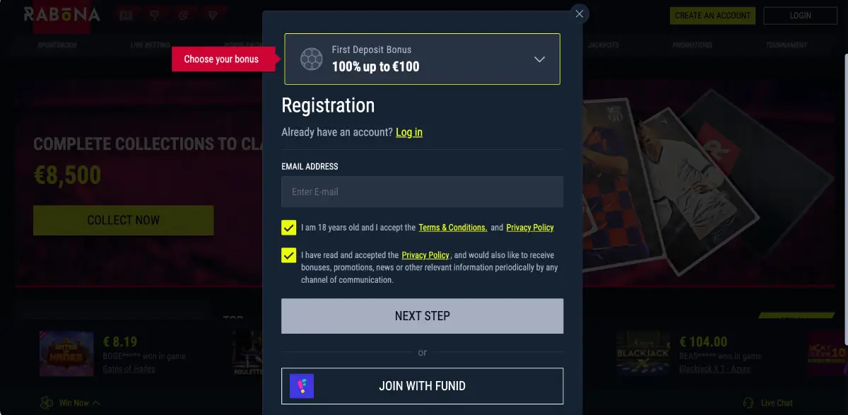 Rabona registration form