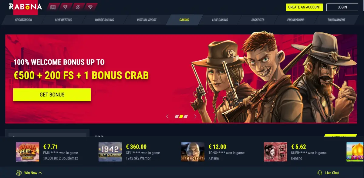 Rabona online casino homepage