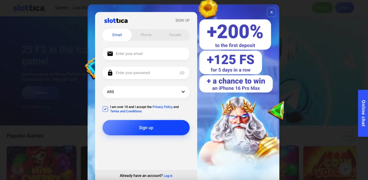 Slottica sign-up form with email input and ARS currency selection