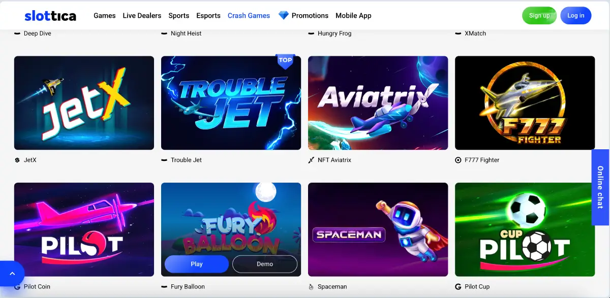 Crash Games section on Slottica featuring Aviatrix and similar games