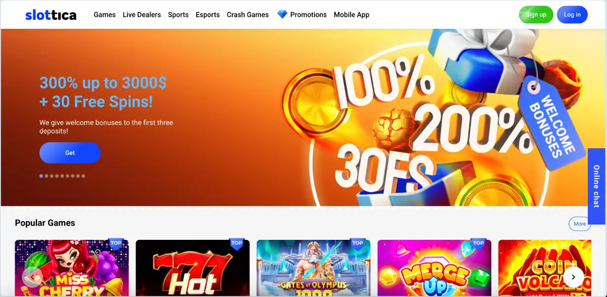 Main welcome bonus banner on Slottica offering up to $3,000 and 30 free spins