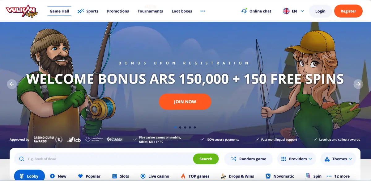 Main banner of Vulkan Vegas showing bonus offer in ARS and 150 free spins