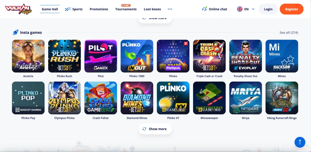 Aviatrix game listed in the Insta games section at Vulkan Vegas