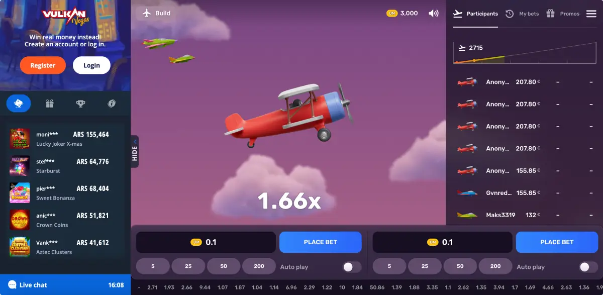 Aviatrix crash game interface with red plane in flight and x1.66 multiplier