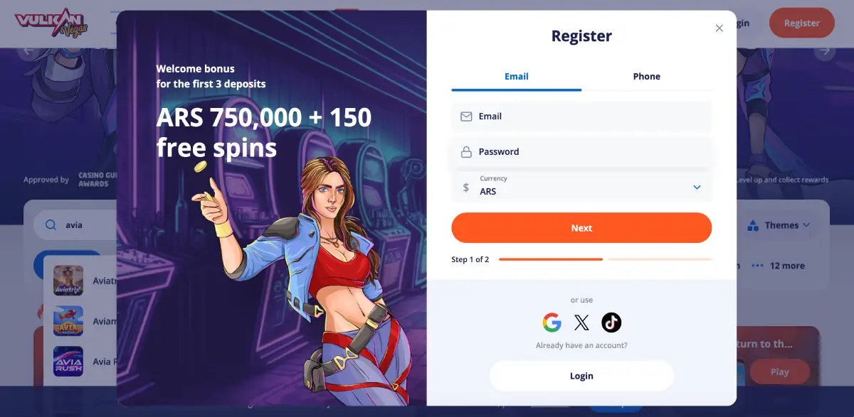 Vulkan Vegas registration form with email and ARS currency selected